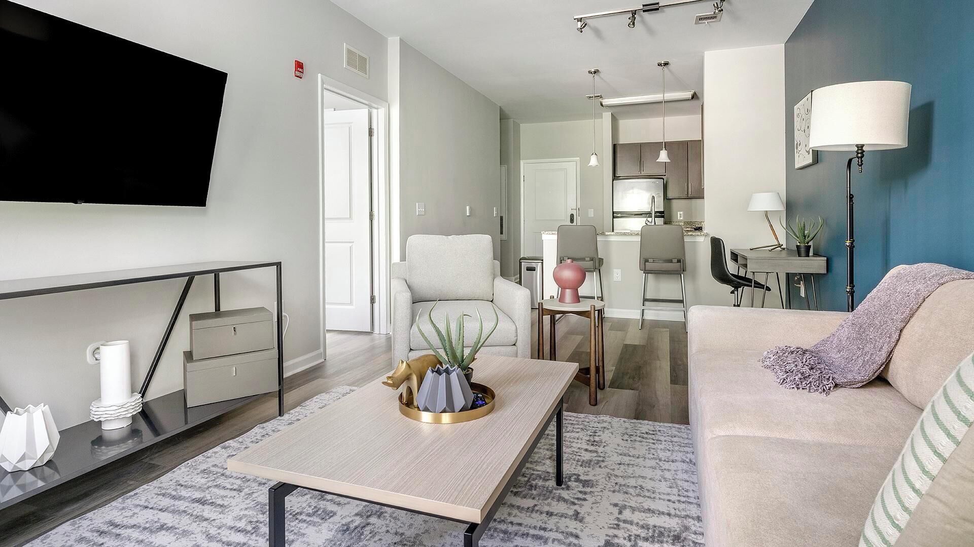 A modern living room with a flat-screen TV, a sofa, a coffee table with decorative items, and a dining area with chairs and a table.