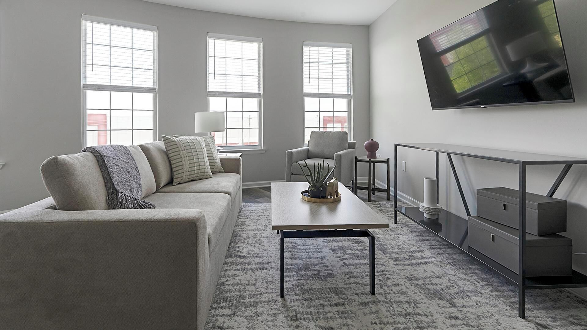 A modern living room with a sofa, coffee table, armchair, and TV.