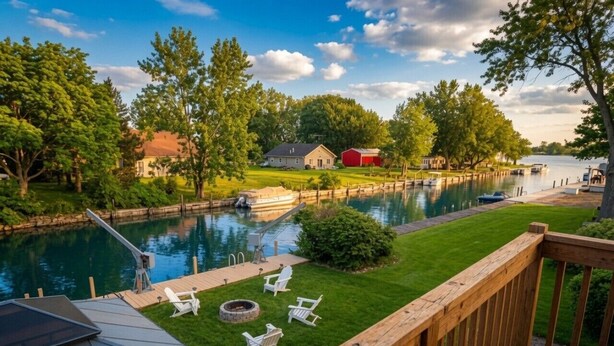 A deck with a view of a lake, a dock, and a red barn. - Canal-Front/Dock, Deck & Near Lake Erie (Port Clinton)