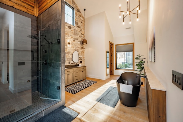 Shower, towels - New! Modern Lake Area Home w/ Hot Tub! (Oakland)