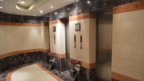 Een moderne lift met marmeren wanden en een beige vloerkleed.
