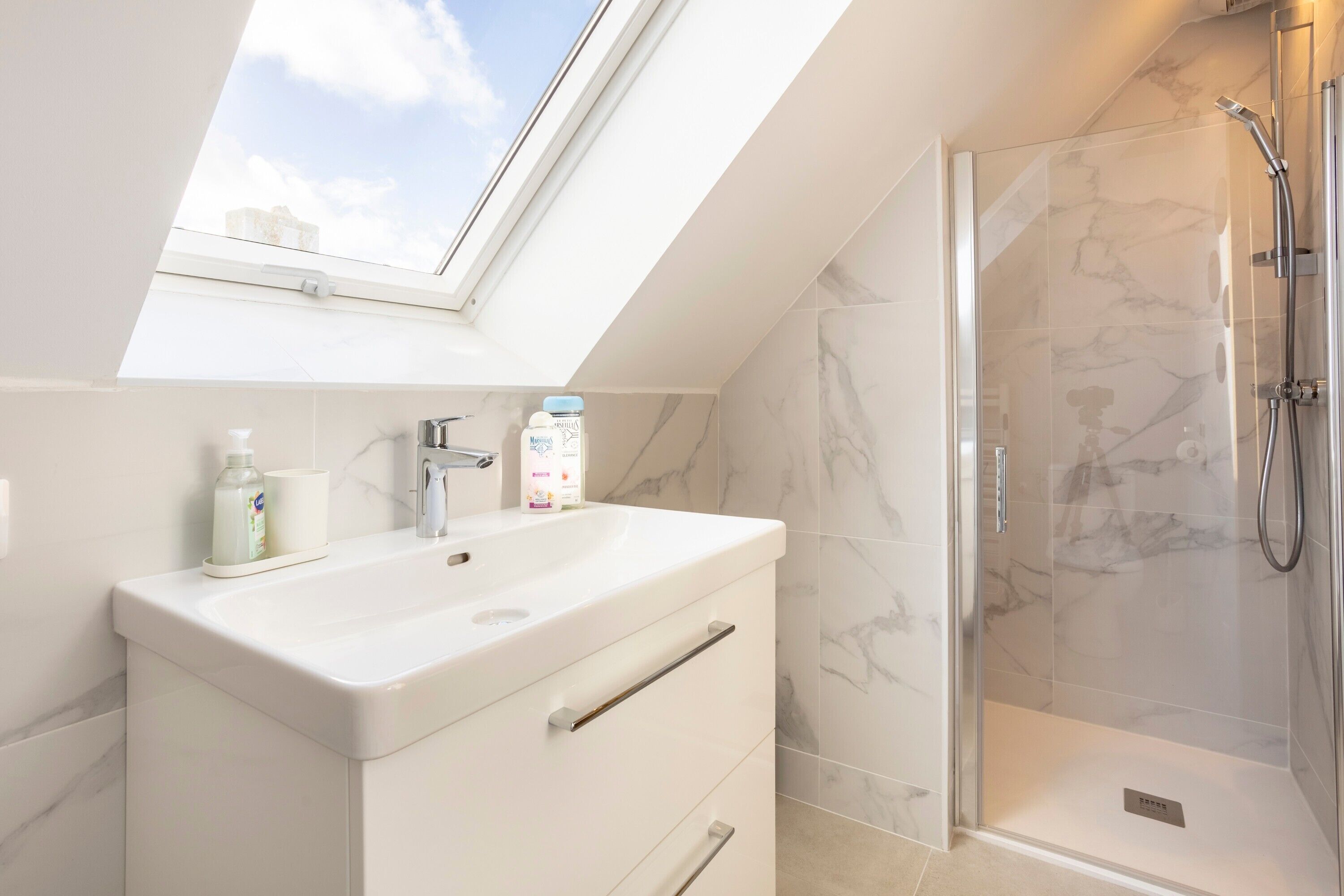 Shower, hair dryer, towels