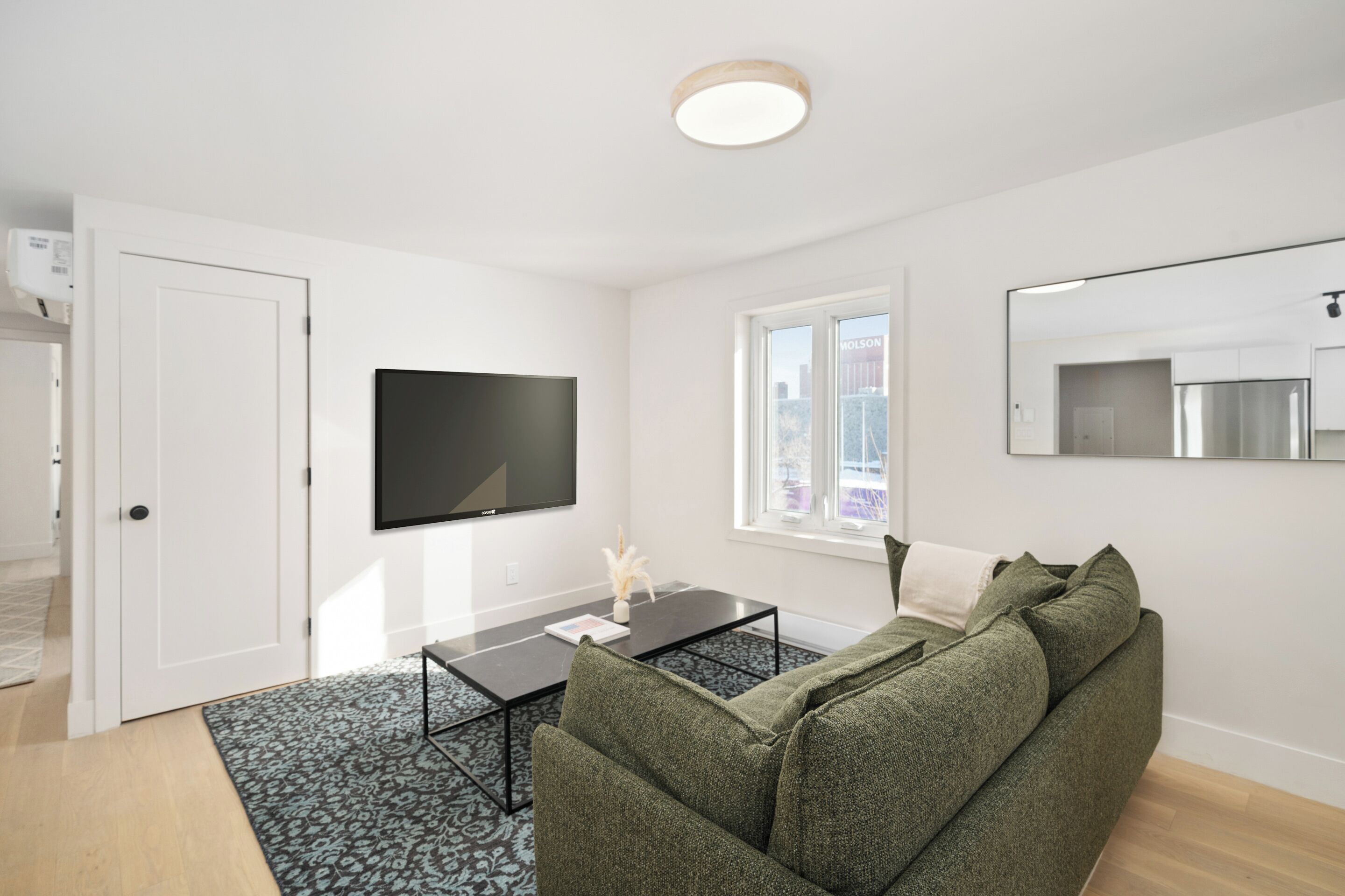 A modern living room with a flat-screen TV, a sofa, a coffee table, and a patterned rug.