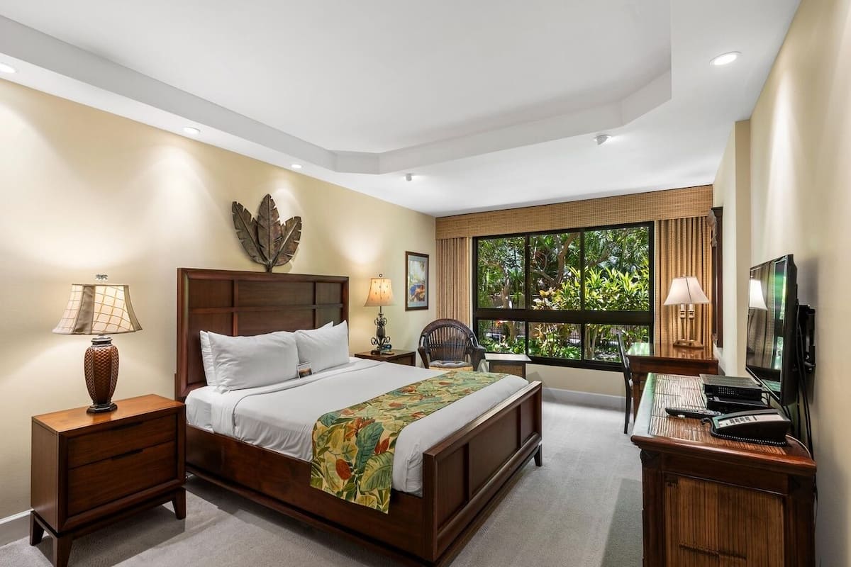 Hotelkamer met een groot bed, een bureau met een computer en televisie, een raam met uitzicht op groen, en een decoratief kunstwerk aan de muur.