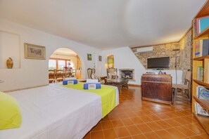 Ein Zimmer mit zwei Betten, einem Fernseher, einem Kamin und einem Bücherregal.