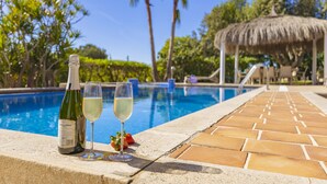 Cenário à beira da piscina com uma garrafa de vinho e duas taças, um canudo e uma morango.