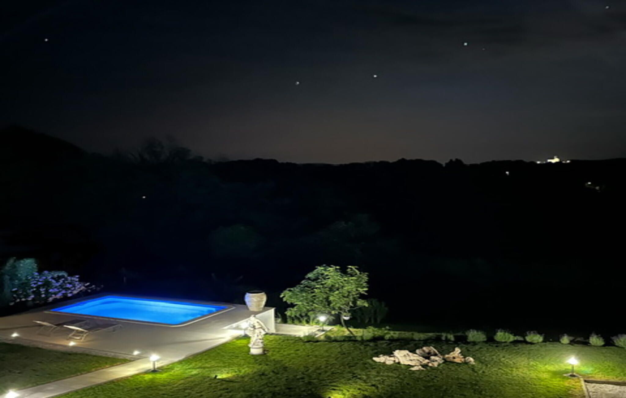 A nighttime view of a swimming pool with surrounding landscaping and a distant cityscape.