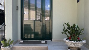 A green door with a doormat, a small step leading up to the door, and two potted cacti on either side. - 1 bedroom amazing apartment in Duce (Duce)