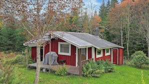 A small, red cabin with a porch and a chimney, surrounded by trees and greenery. - 1 bedroom awesome home in Boxholm (Boxholm)
