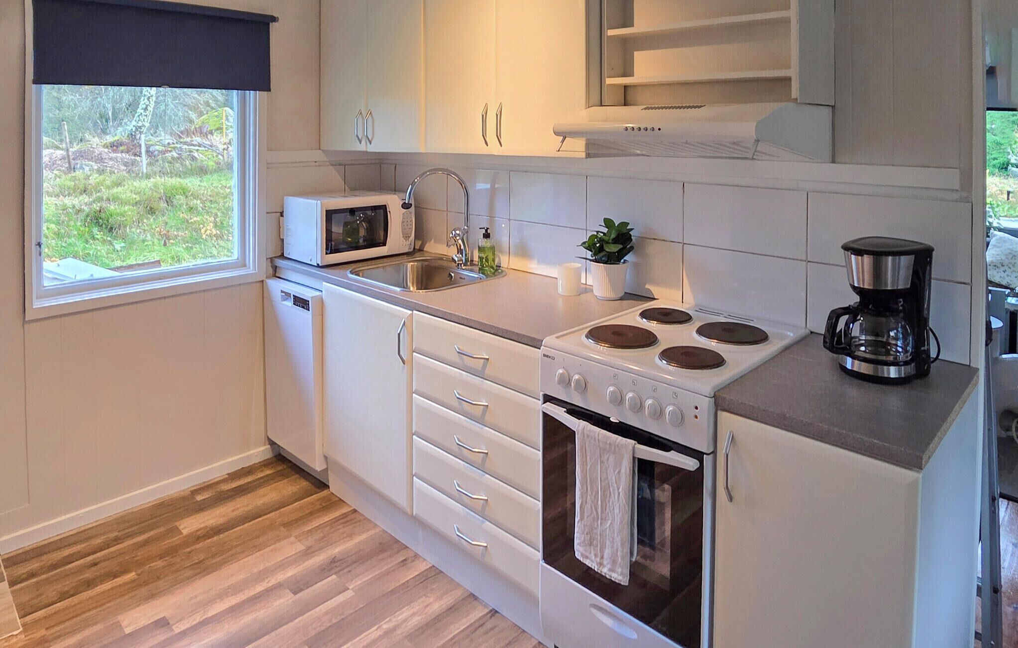 Fridge, stovetop, dishwasher, coffee/tea maker