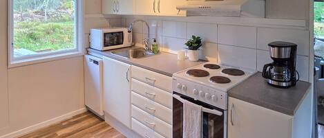 Fridge, stovetop, dishwasher, coffee/tea maker