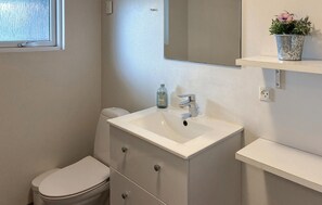Une salle de bain avec un lavabo blanc, un miroir, des toilettes et une étagère sur laquelle est posée une plante en pot.