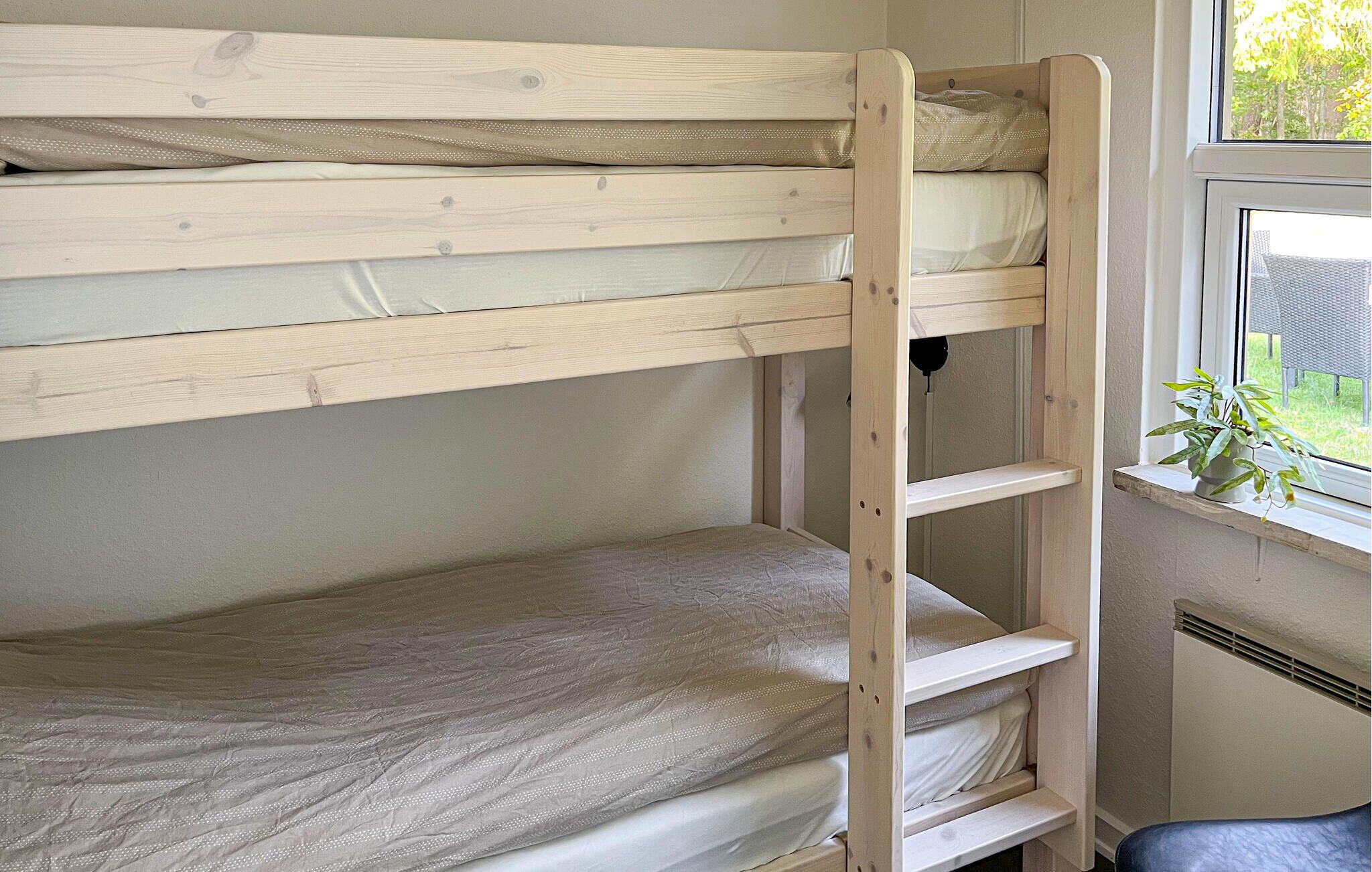 A bunk bed with a ladder, a window with a plant, and a radiator.