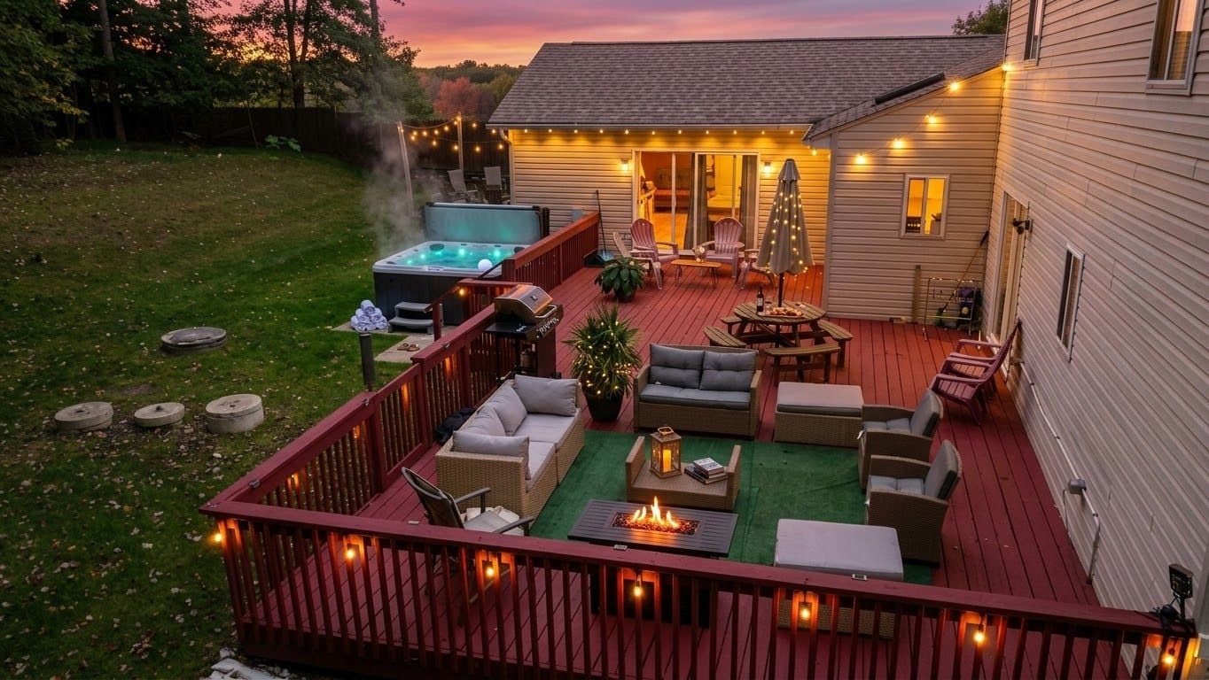 A deck with outdoor furniture, a hot tub, and string lights.