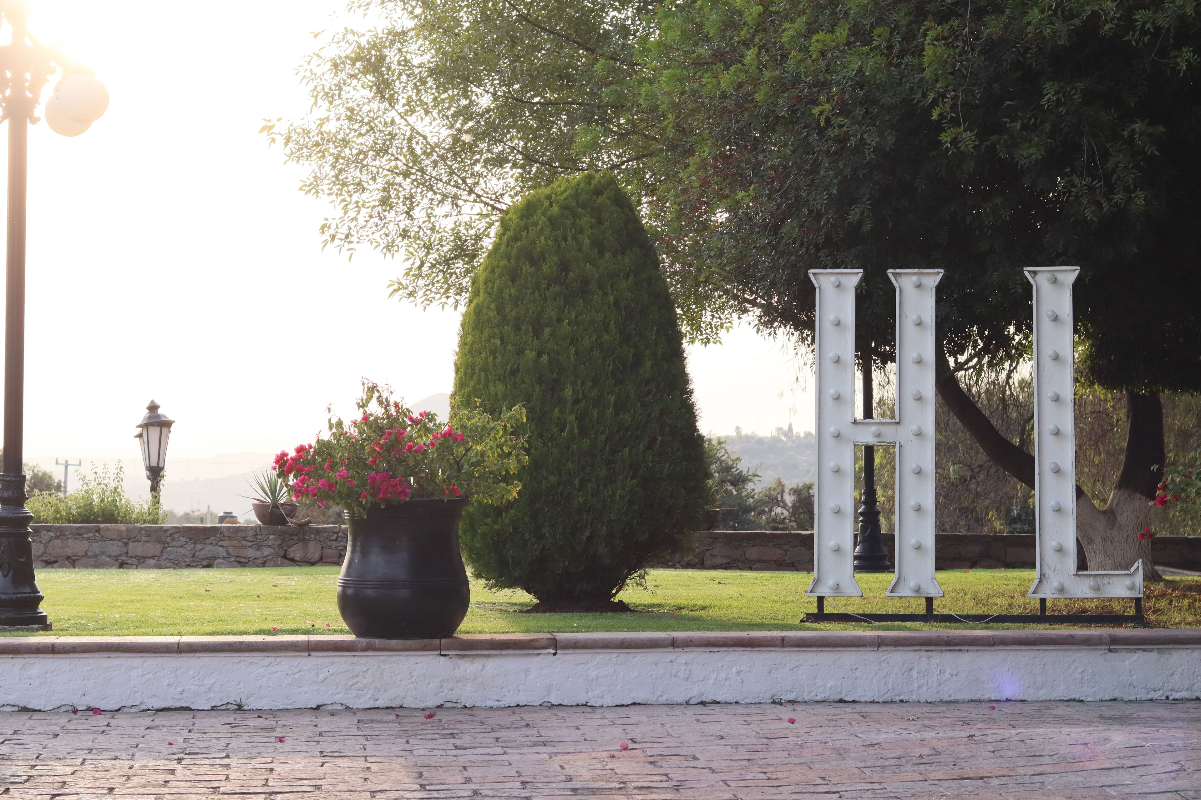 A paved area with a potted plant and decorative letters.