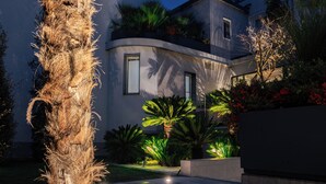 Une maison moderne à la façade incurvée, dotée de grandes fenêtres et d’un jardin bien éclairé, agrémenté de palmiers et d’arbustes.