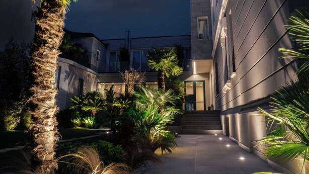 Un bâtiment moderne doté d’une entrée bien éclairée, entouré de palmiers et d’autres plantes.