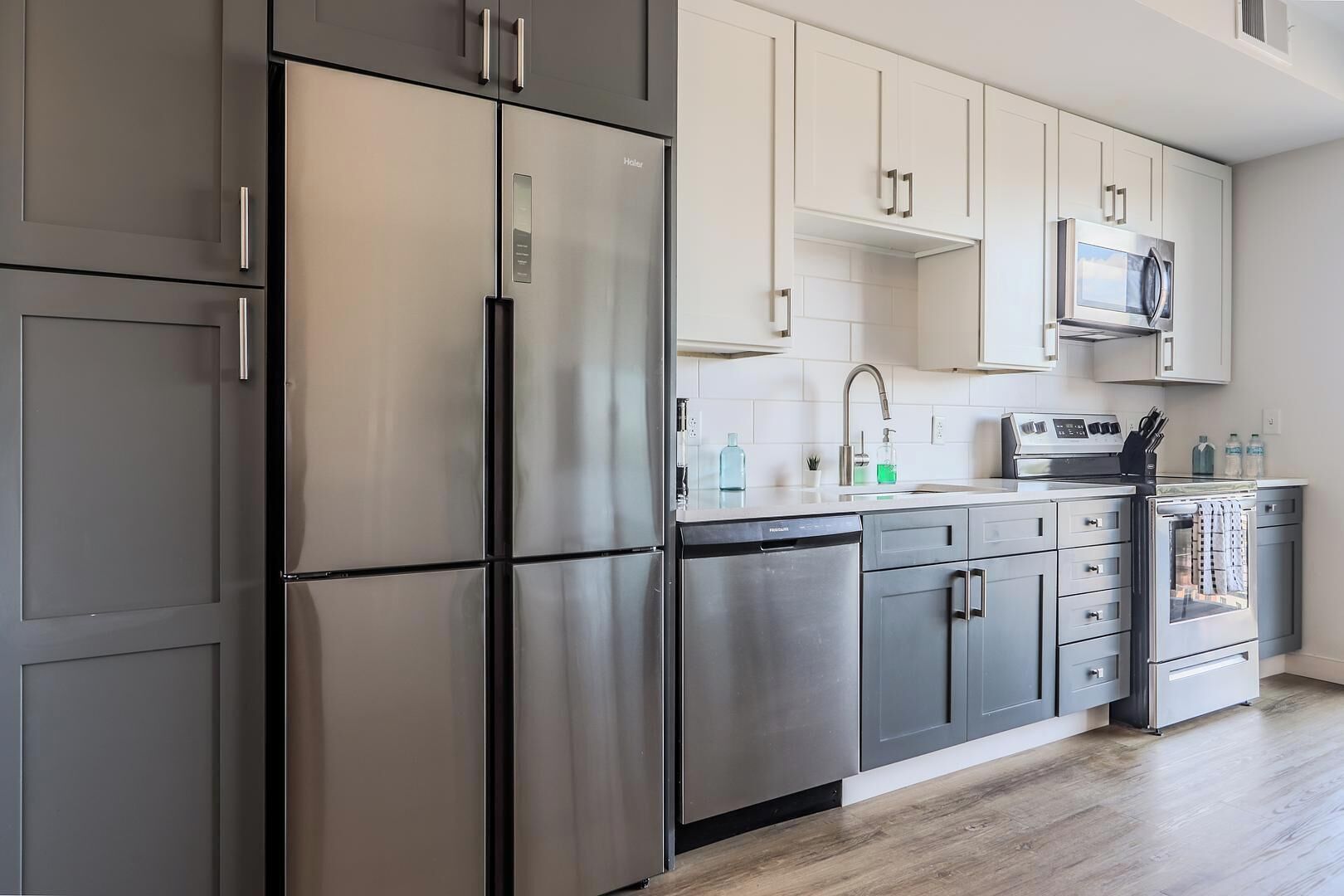 Fridge, dining tables