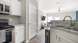 Fridge, dining tables