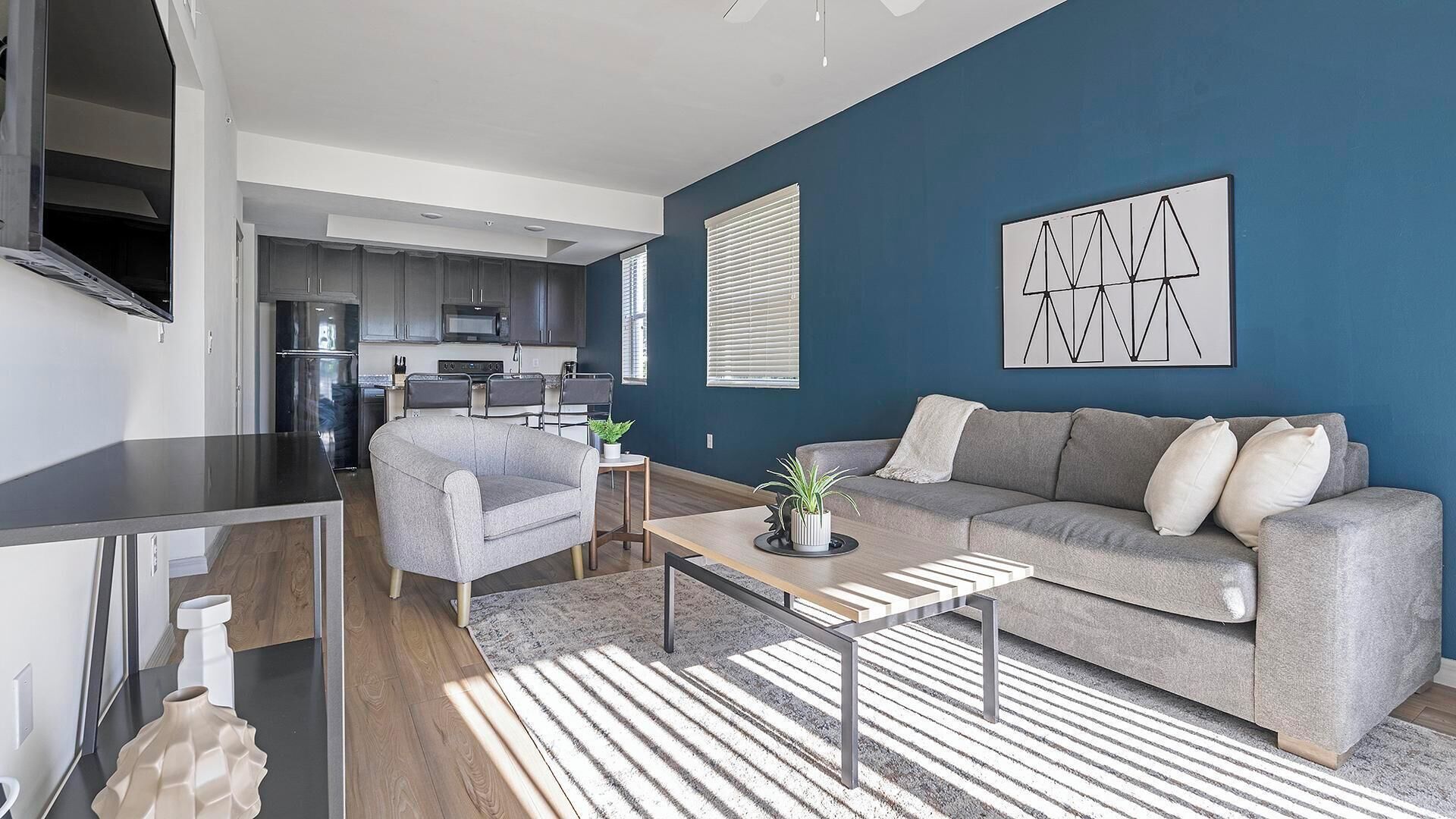 Una sala de estar moderna con un sofá gris, una mesa de centro y un tapete a rayas.
