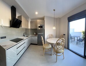 Deluxe Apartment, Balcony, Pool View with private pool | Private kitchen | Full-size fridge, microwave, stovetop, dishwasher