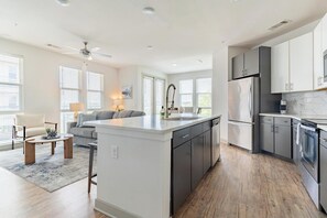 Fridge, dining tables - Landing | Beautiful 2BD in Downtown Fort Worth (Fort Worth)