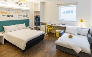 Laptop workspace, blackout curtains, free WiFi