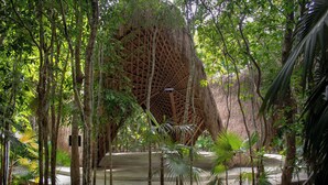 A large, circular, bamboo structure surrounded by dense tropical foliage. - Ph 10mins from tulum beach, with private pool and spa, ideal for families. (Tulum)