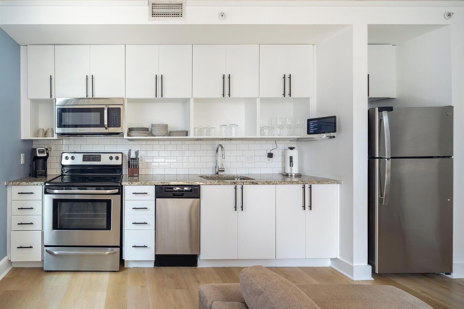 Fridge, dining tables