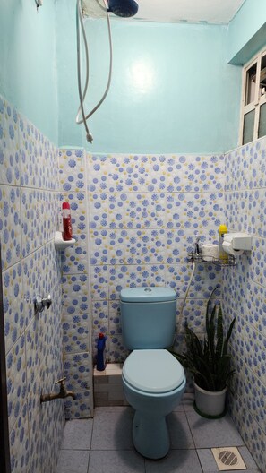 Un baño pequeño con inodoro, ducha y lavamanos.