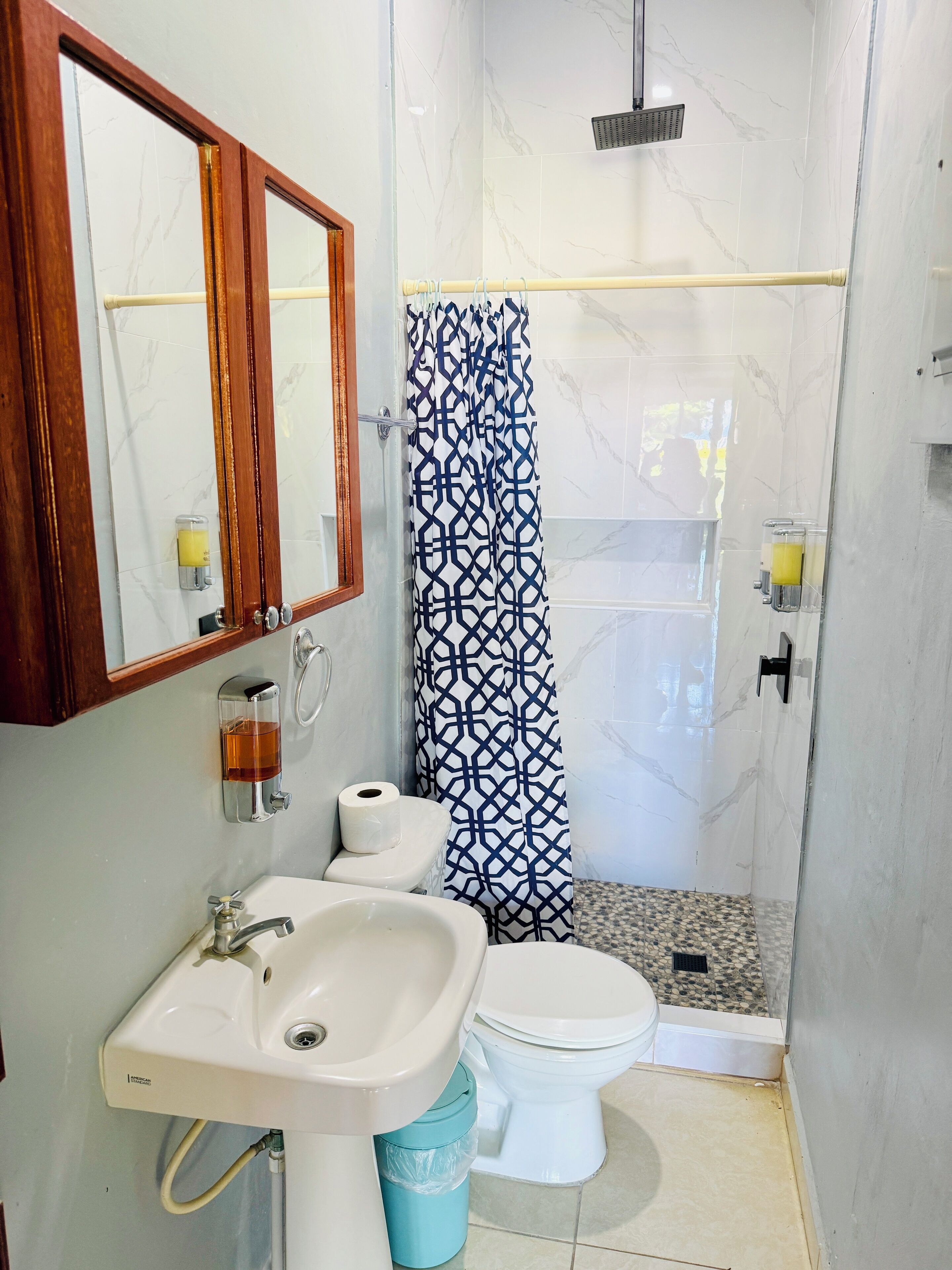 Ein Badezimmer mit Waschbecken, Spiegel, Toilette, Dusche und einer waschbärgemusterten Duschvorhang.