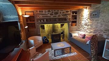 Télévision, cheminée, lecteur de DVD, chaîne hi-fi