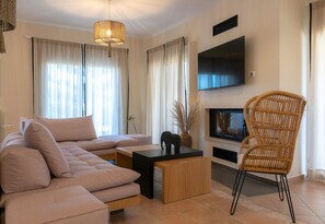 Ein modernes Wohnzimmer mit Sofa, Couchtisch, Korbsessel, Flachbildfernseher und Kamin.