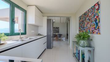 Huis, 3 slaapkamers, roken, privézwembad | Privékeuken | Een vaatwasser, een koffiezetapparaat/waterkoker, een kinderstoel