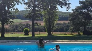 Una piscina con agua azul cristalina, rodeada de árboles y una zona verde.