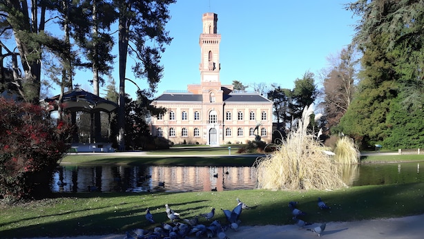A building with a tower, a pond, and pigeons on the ground. - Apartment 'L'Appartement Du Moulin' with Private Terrace and Wi-Fi (Mascaras)