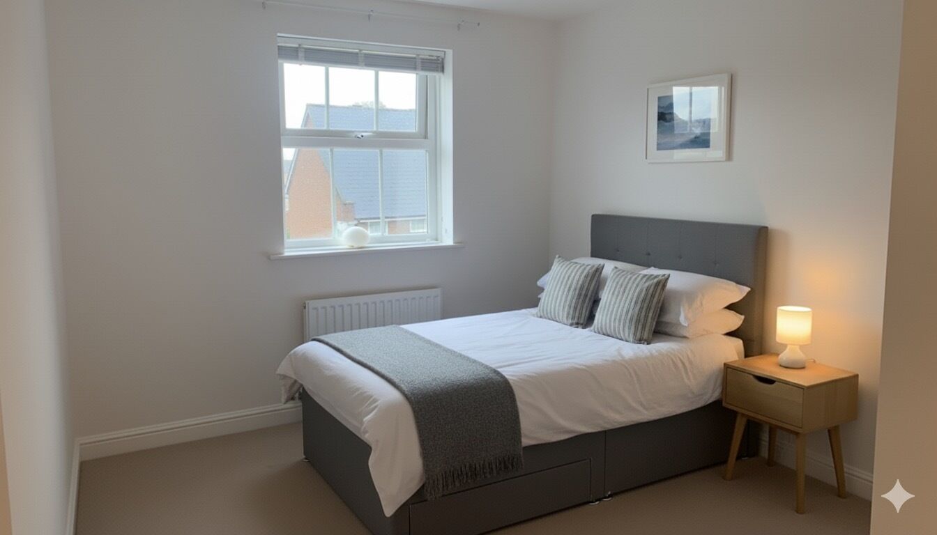 A bedroom with a bed, bedside table, lamp, window, radiator, and a framed picture on the wall.