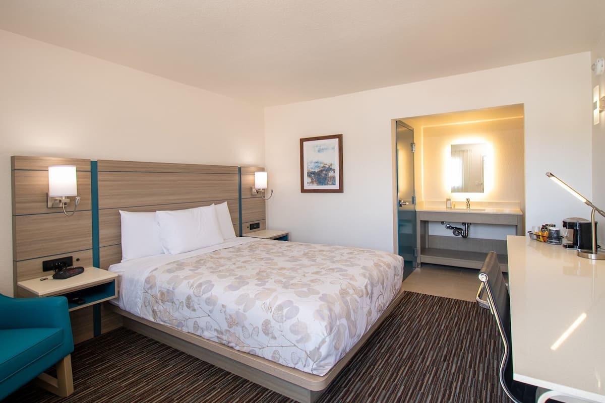 Une chambre d’hôtel comprenant un lit, une table de chevet, une lampe et une salle de bain avec un miroir et un lavabo.