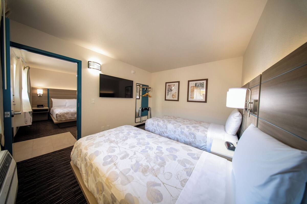 Une chambre d’hôtel avec deux lits, une télévision, un bureau et un miroir.