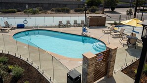 A rectangular swimming pool with a tiled deck, surrounded by lounge chairs and umbrellas. - Lemon Heights Inn (Tustin)
