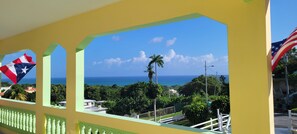A view from a balcony with a clear sky, palm trees, and the ocean. - Loma Bella/ Private Villa for 14 near beach,2 homes  (Patillas)