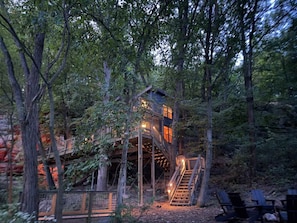Une cabane perchée dans un arbre, dotée d’un escalier en bois et d’une terrasse, entourée d’une forêt dense.
