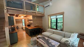 Smart TV, fireplace, books, stereo