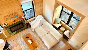 Smart TV, fireplace, books