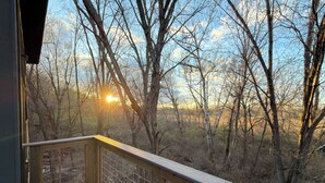 Une terrasse en bois avec une rambarde en métal, donnant sur une zone boisée avec des arbres et un ciel dégagé.