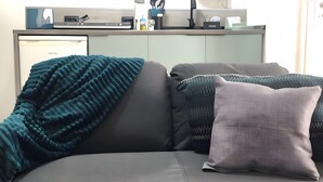 Ein modernes Wohnzimmer mit einer Couch, Kissen und einer Decke.