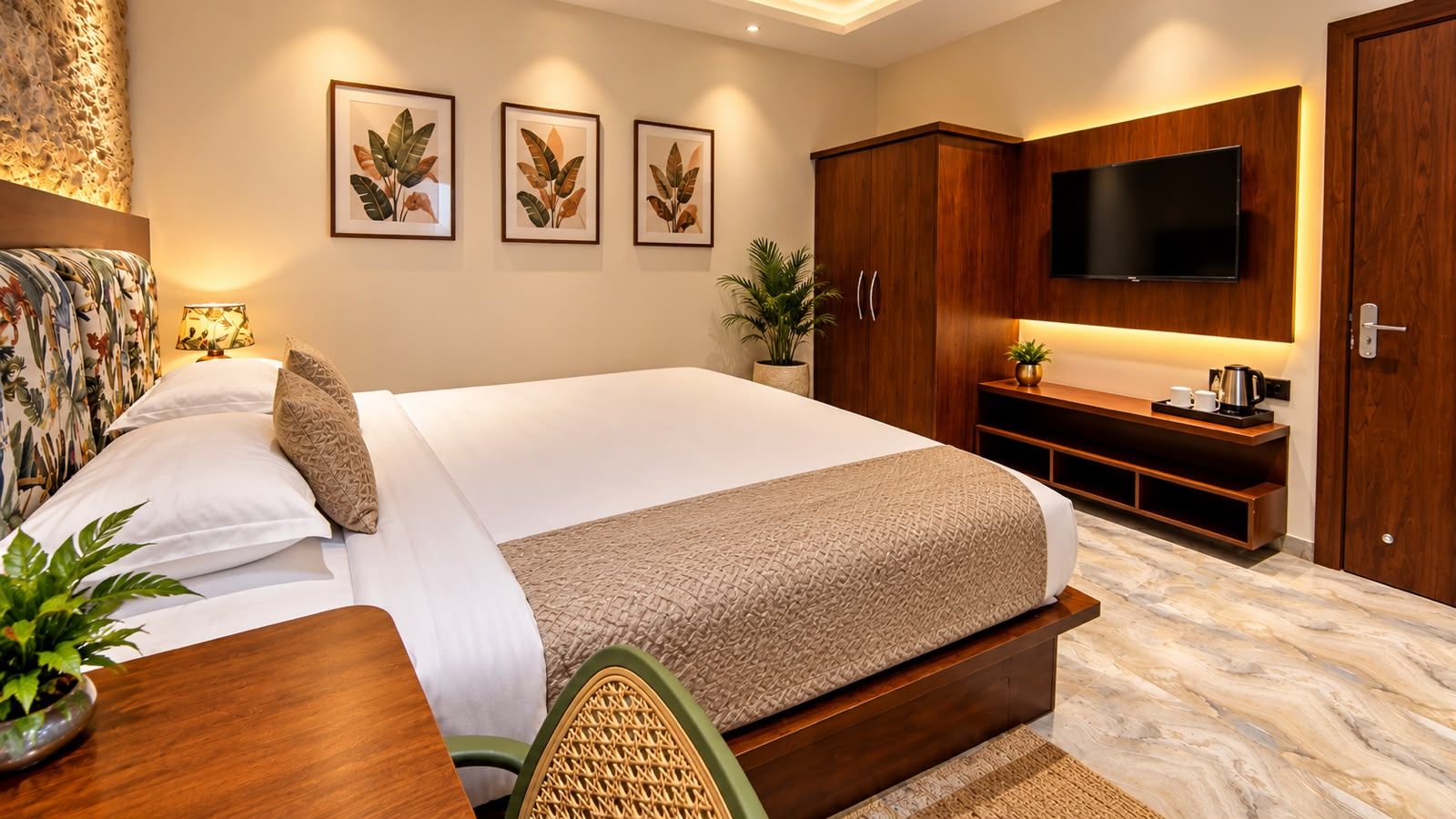 A modern bedroom with a bed, a TV, a wooden cabinet, and a plant.