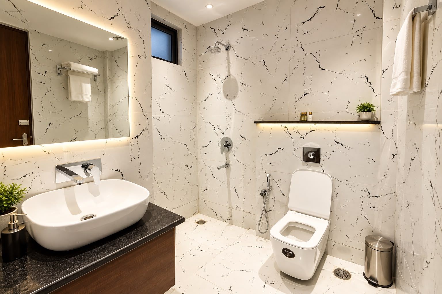 A modern bathroom with a large white sink, a toilet, and a shower.