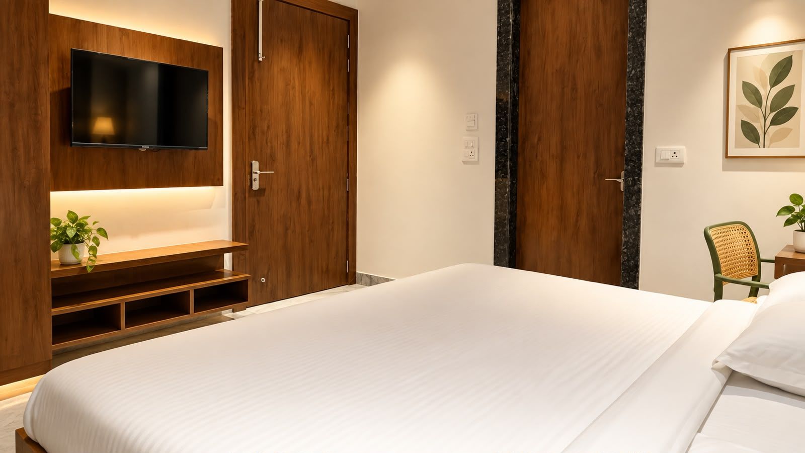 Una camera d'albergo con un letto grande, una TV fissata a una parete in legno, un armadio in legno e un piccolo tavolo con una sedia.