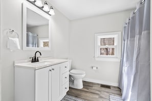 Hair dryer, towels, soap, toilet paper